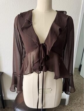 Lulus Sheer Wrap Top Blouse Ruffle Sleeve Sz Xs Womens